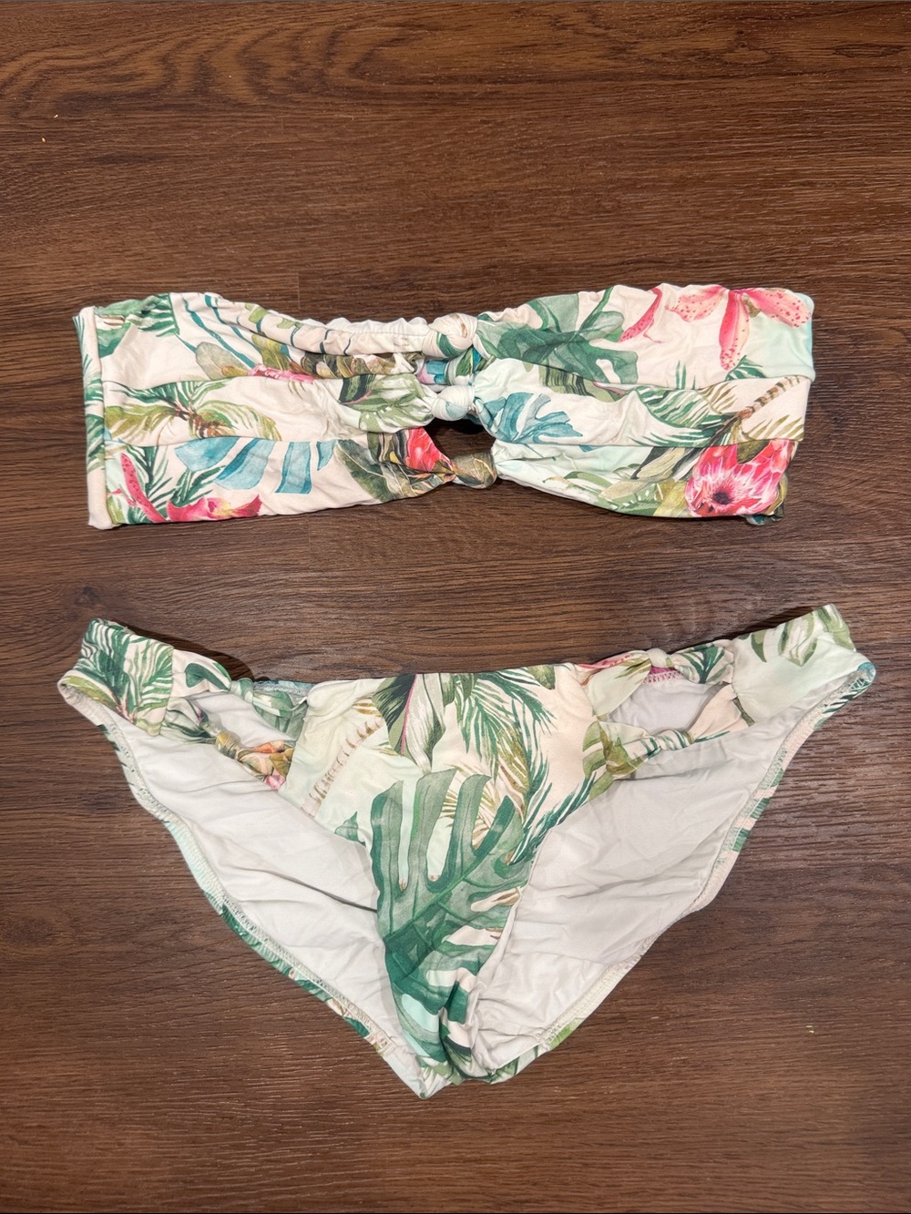 Tropical Leaf Print Bandeau Bikini Set - Green & Pink